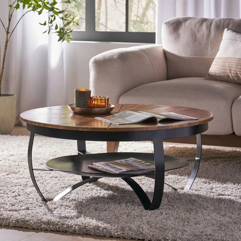 Modern Industrial Coffee Table with Mango Wood Top and Metal Shelf