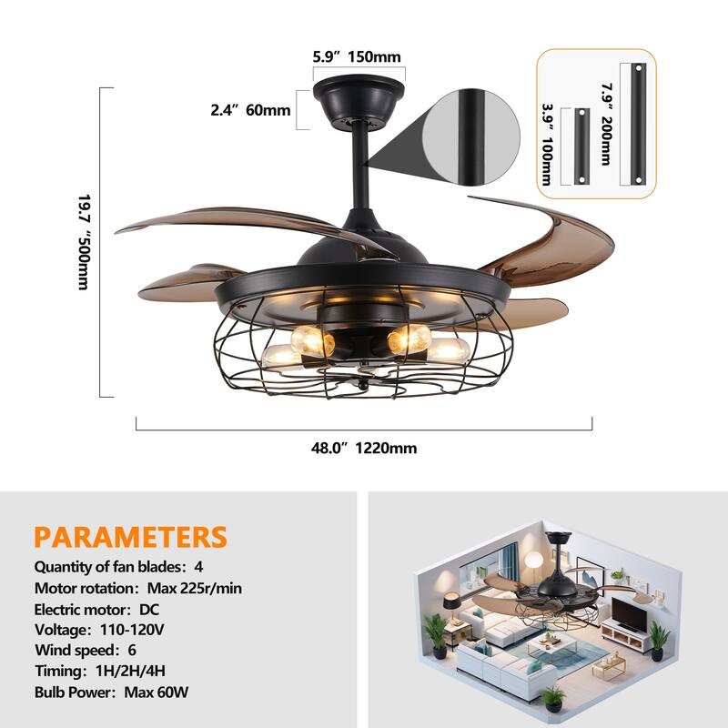 48 Inch Retractable Caged Ceiling Fan with Remote, Industrial 6-Speed/Reversible/DC Motor Ceiling Fan (Bulb Not Included)