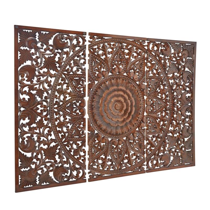 Wooden Handmade Intricately Carved Floral Wall Decor with Mandala Design (Set of 3) - Brown or White