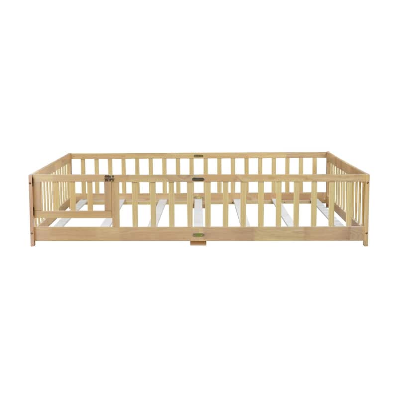 Queen Size Floor Bed with Fence,Door,Rubber Wood Floor Bed with Safety Guardrails