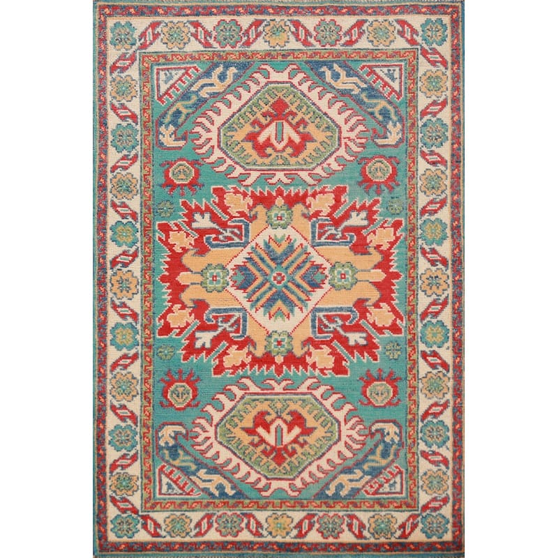 Turquoise Kazak Foyer Rug Hand-Knotted Wool Carpet - 2'8"x 4'1"