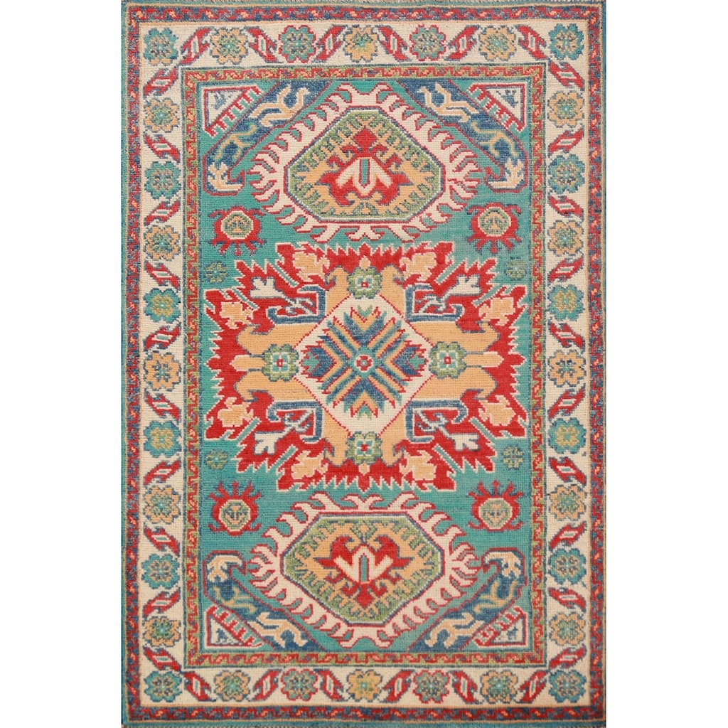 Turquoise Kazak Foyer Rug Hand-Knotted Wool Carpet - 2'8"x 4'1"