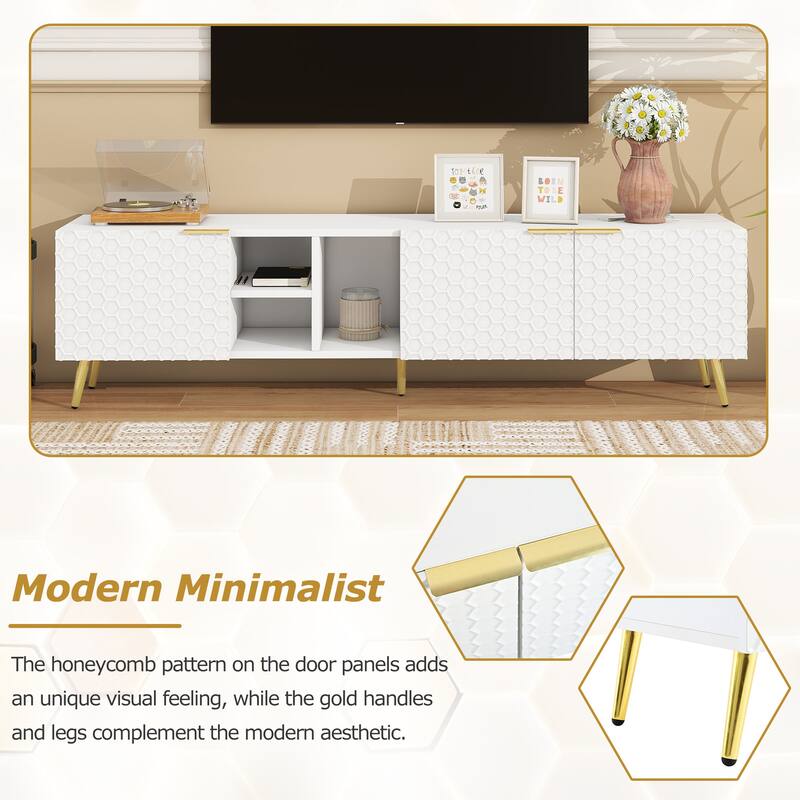 71" Minimalist TV Cabinet with Geometric Honeycomb Pattern - Gold Accents, Cable Management, Storage