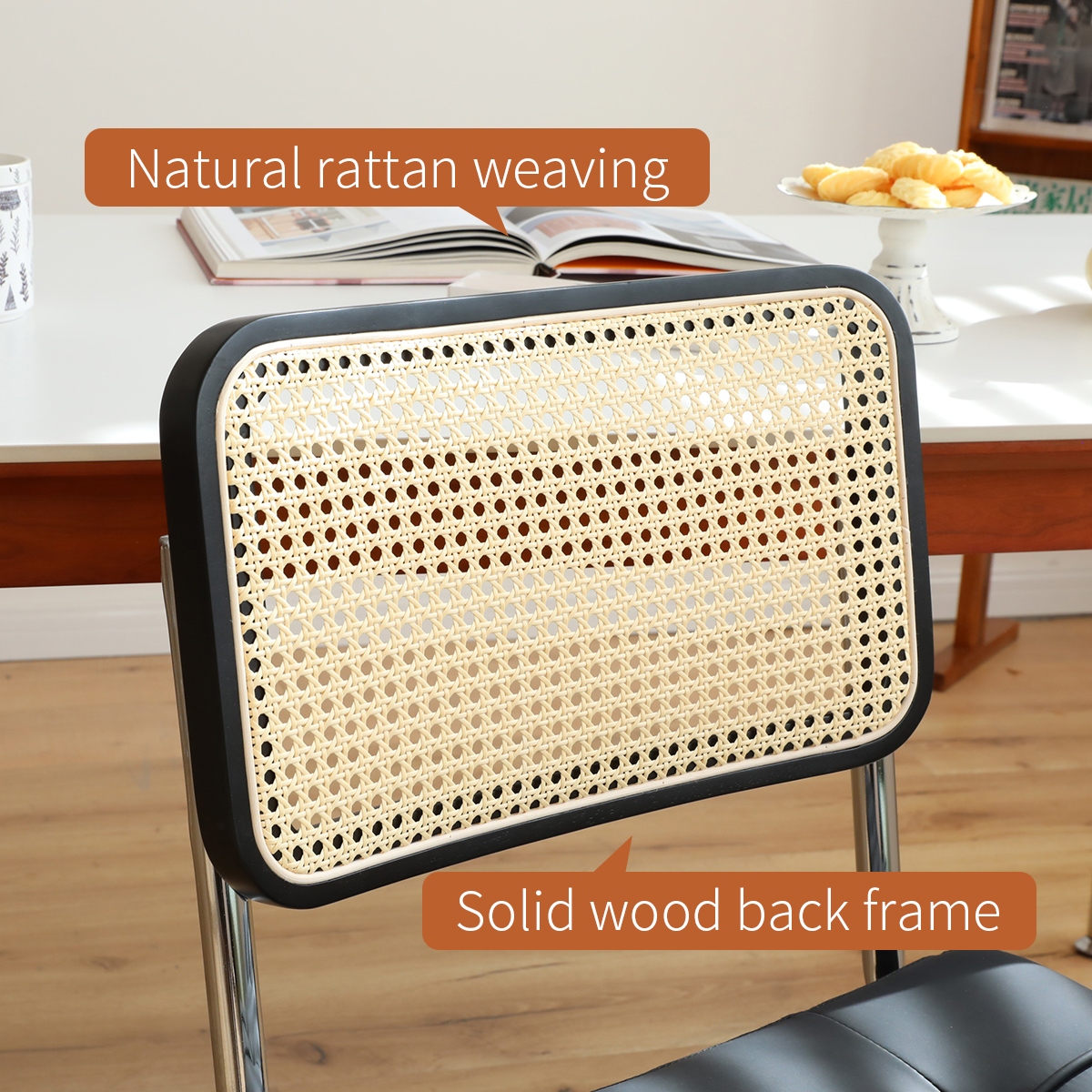 Dining Chairs Set of 2, Fauex Leather Rattan Side Accent Chairs with Chrome Legs, Modern Mid Century Breuer Designed Chairs