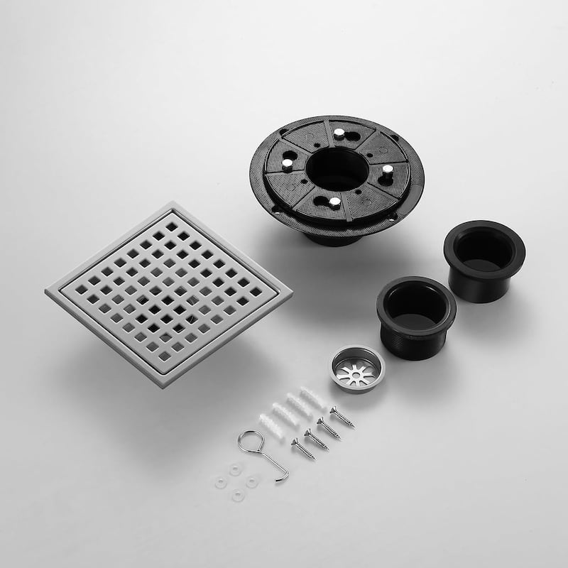 PROOX 6 inch Square Shower Floor Drain with Flange Removeable Grid Panel - 6 in.