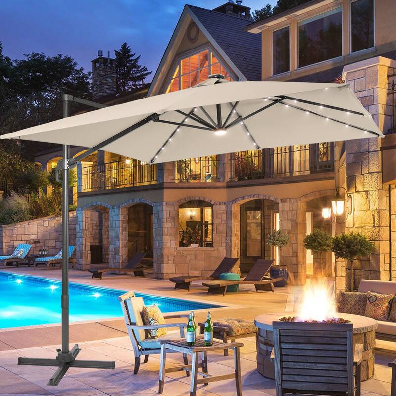 LIVOOSUN Aluminum 10x8FT LED Rectangular Cantilever Patio Umbrella - Beige
