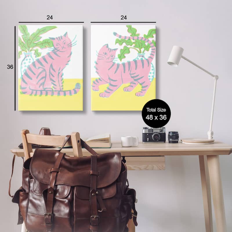 Stupell Pastel Pink Cats & Plants Canvas Wall Art Design By Hannah Moren (Set of 2)