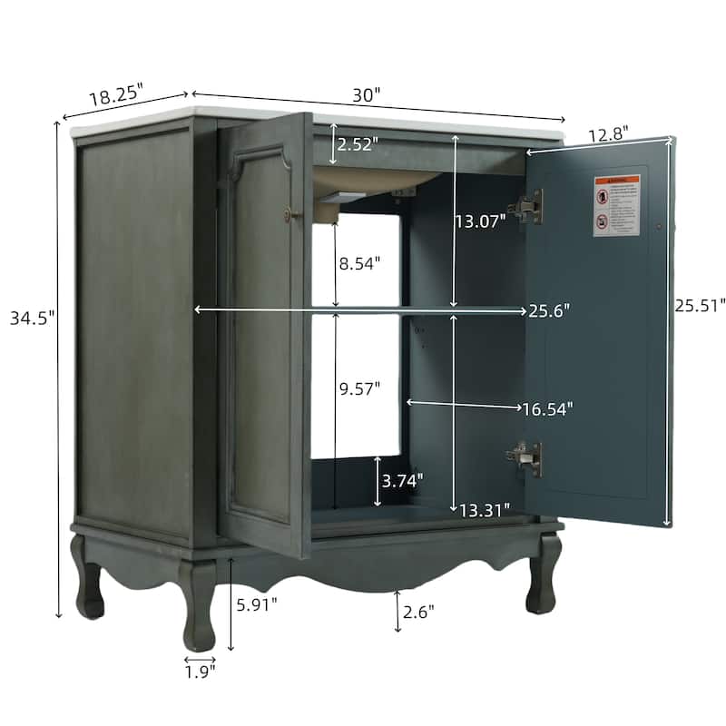 30" Bathroom Vanity with Rectangle Ceramic Sink, Antique Handles and 2 Doors, Solid Wood Legs and Adjustable shelves