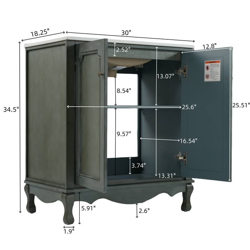 Bathroom Vanity with Sink and 2 Doors, Bathroom Cabinet with Adjustable Shelf, Restroom Vanity with Rubber Wood Legs
