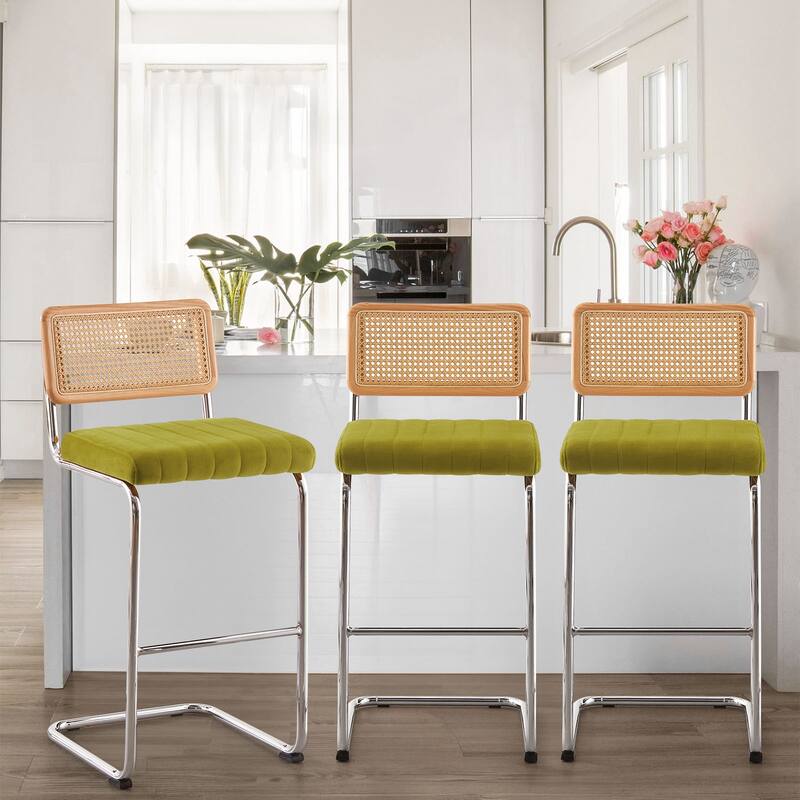 Velvet Upholstered Rattan Counter/Bar Stools, Set of 2/3