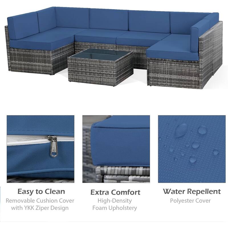 AECOJOY 7 Piece Outdoor Patio Furniture Set, PE Rattan Outdoor Wicker Sectional Furniture Chair Set with Cushions and Tea Table
