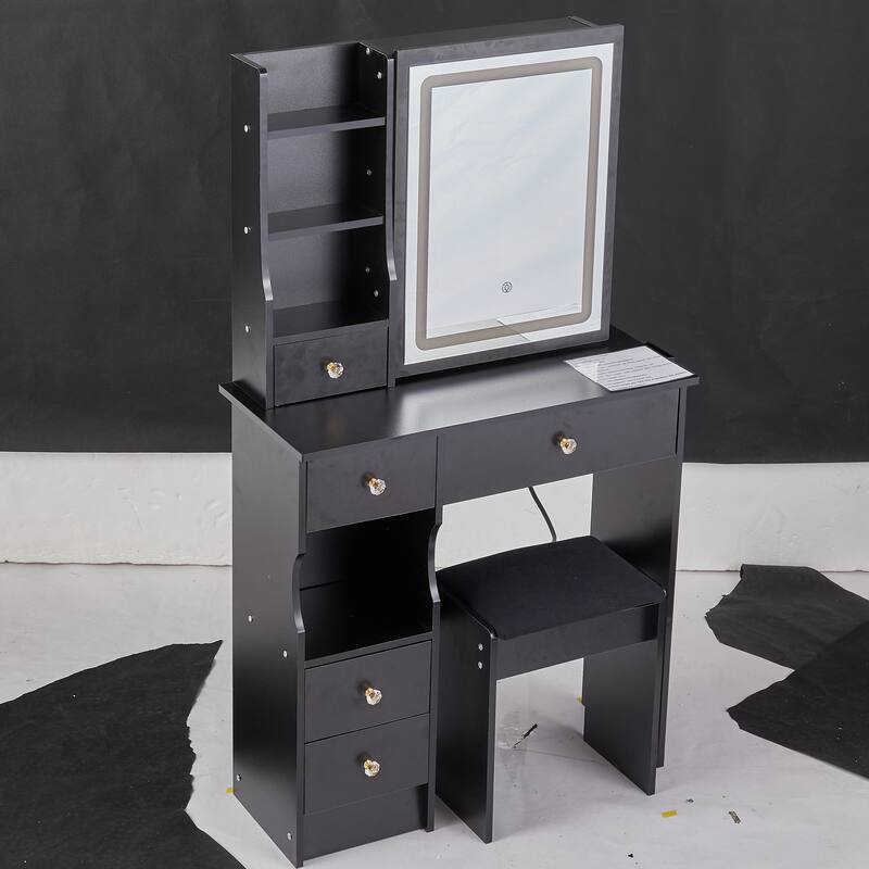 Dressing Table Stool Set with Brightness Adjustable Touch LED Mirror