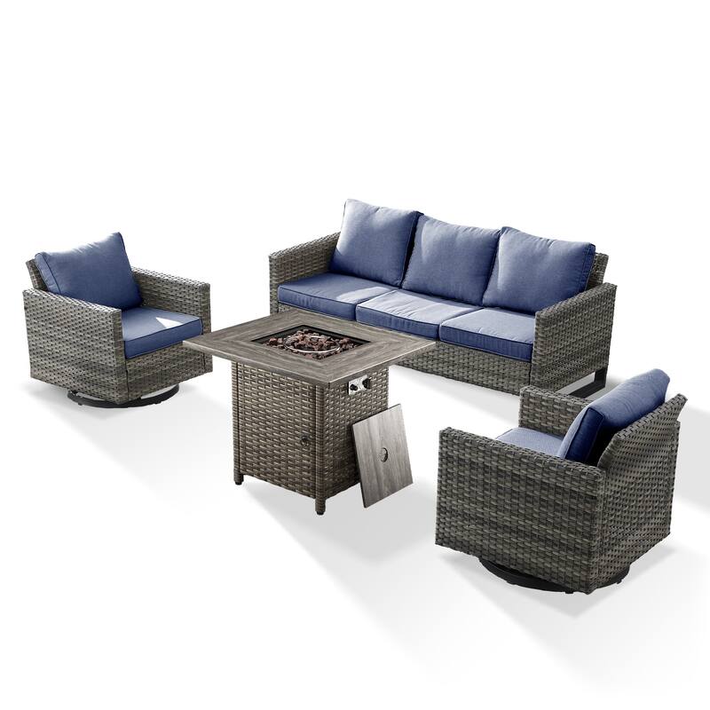 4 Pieces Fire Pit Table with Sofa Swivel Chair Set