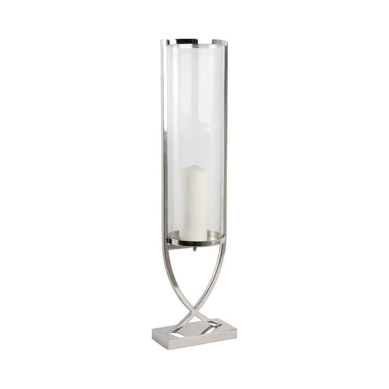 Modern Glass Pillar Candle Holder Decorative Lantern with Steel Frame