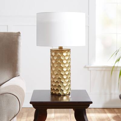 Hive 21" Gilded Resin Geometric Table Lamp with Drum Shade