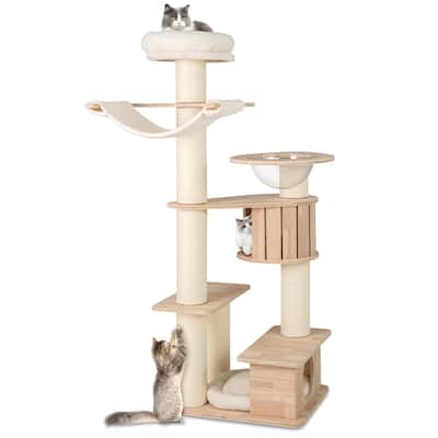 Natural White 69-Inch-Tall Wooden Cat Tree with Hammock and Space Capsule