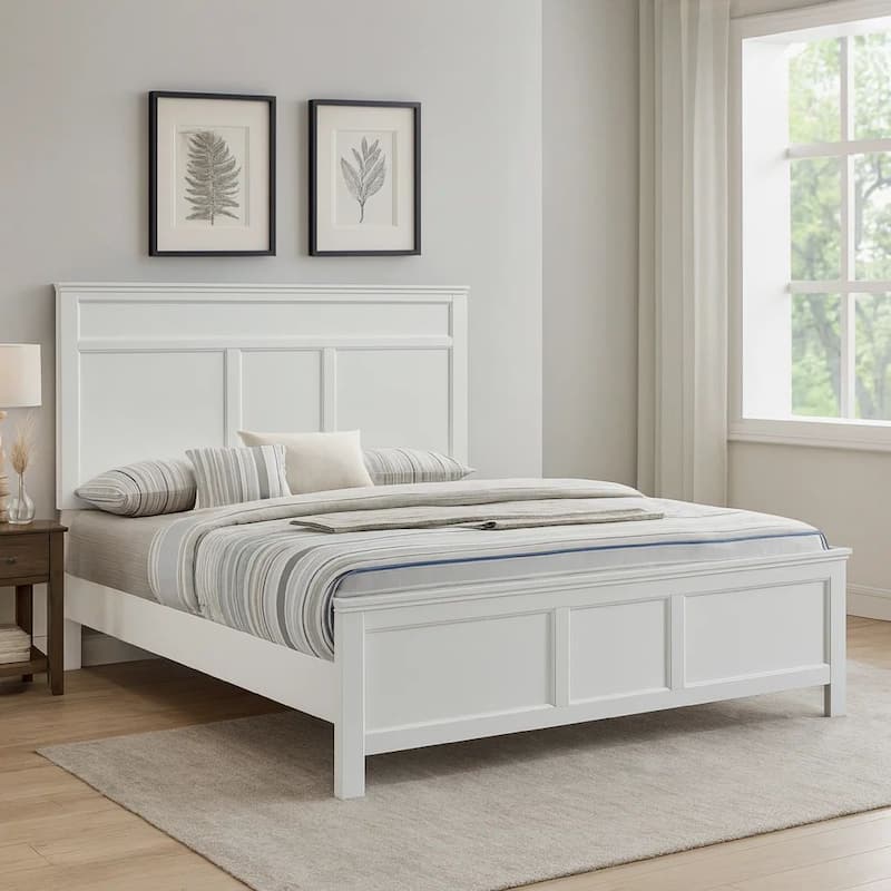 Aver Full Size Bed, Transitional Carved Panel Design, White Wood Finish