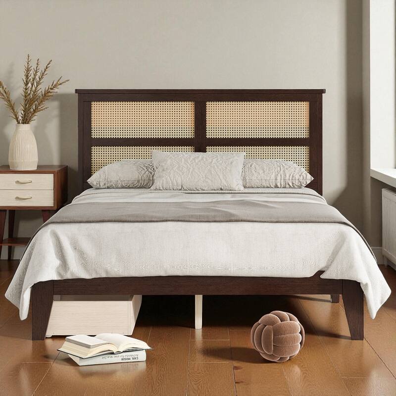 Full/King Size Rubber Wood Bed with Rattan Headboard and 2 Storage Drawers, Solid Frame with Reinforced Support Slats and Feet - Espresso - Full