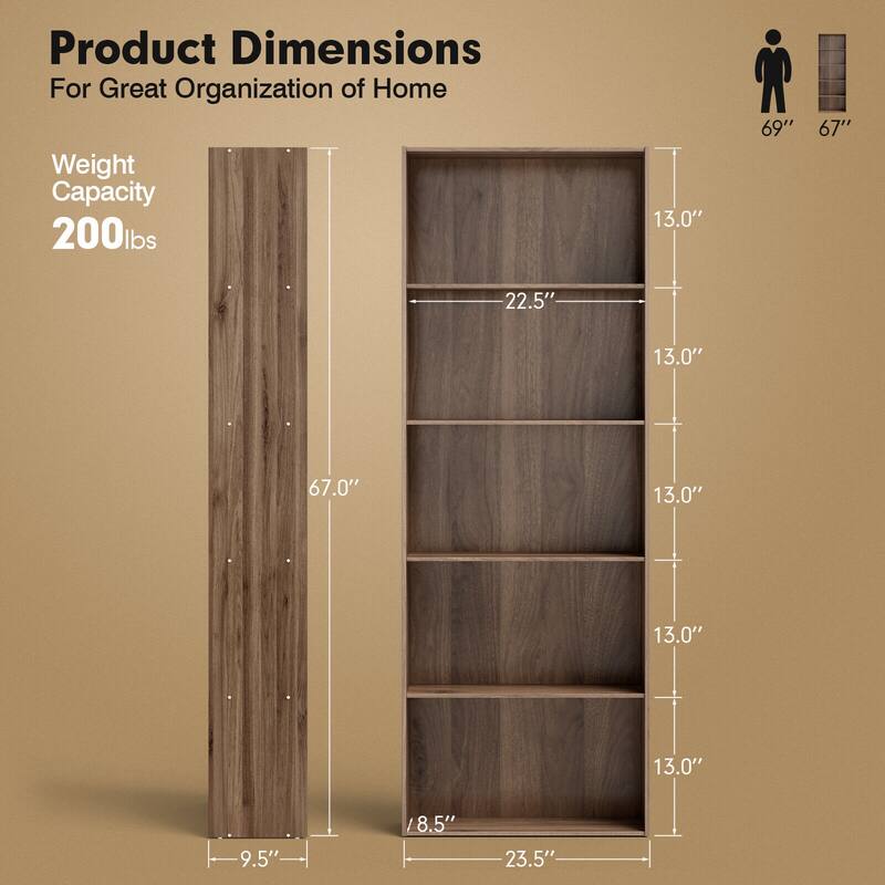 5-Shelf Multi-Functional Wood Bookcase for Home Office - 23.5" x 9.5" x 67"