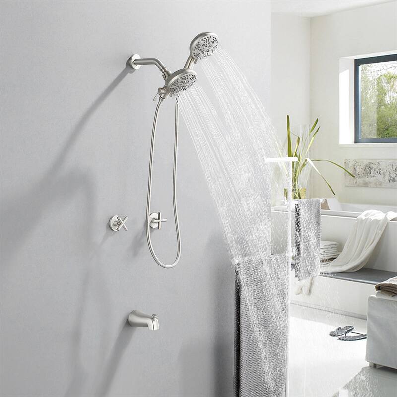 Wall Mount Tub and Shower Faucet with Hand Shower Brass Dual Head Complete Wall Mounted Shower System with Valve