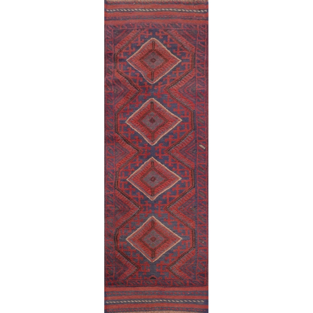 Hand Knotted Oriental 100% Wool Carpet Traditional Tribal Red Balouch Runner Rug - 7' 2'' X 2' 1''