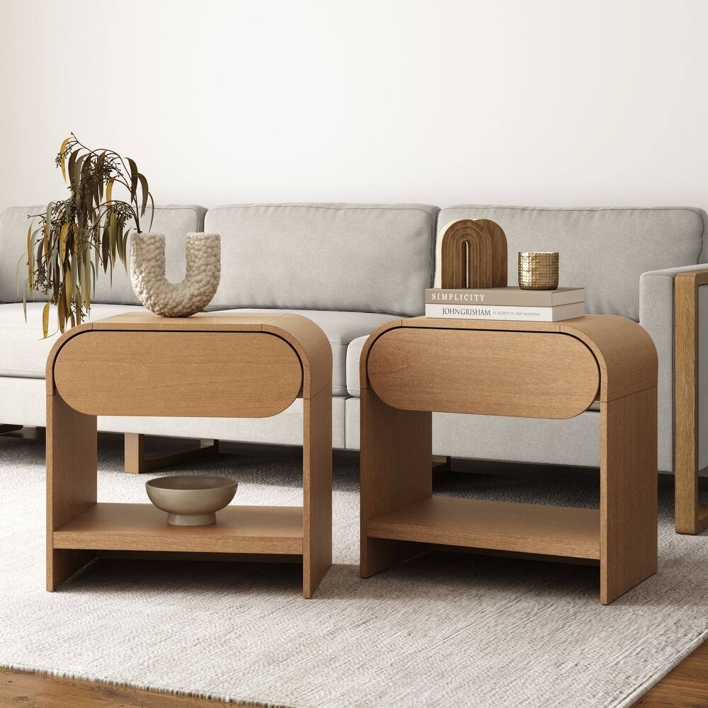 Iris Mid-Century Modern Nightstand with Drawer, Wooden Bedside Table for Bedroom or Living Room with Rounded Silhouette