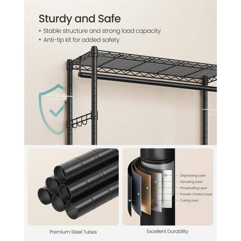 Black Adjustable Garment Rack with Hanging Rails and Shelves Hooks Wheels Heavy-Duty Steel Frame