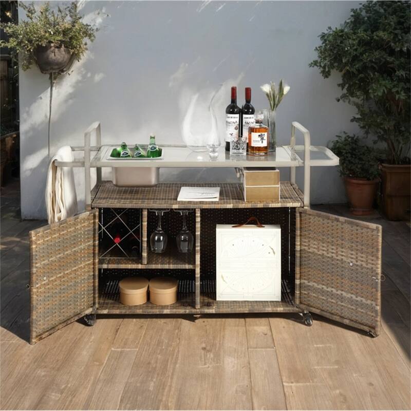 Outdoor Wicker Bar Cart with Steel Top, Ice Bucket,Lockable Wheels