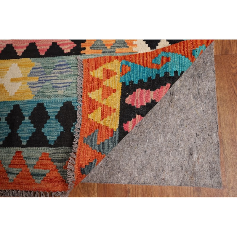 Geometric Kilim Oriental Area Rug Flatweave Orange Wool Carpet - 8'0" x 11'5"