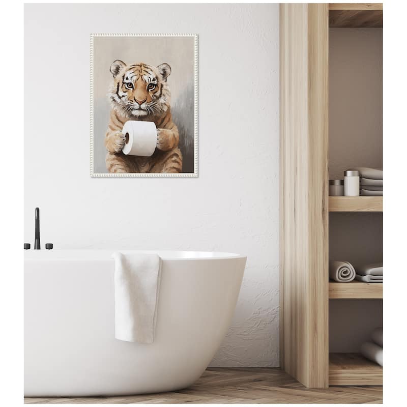 Kate and Laurel Sylvie Tiger Cub Holding Toilet Paper Roll Bathroom Art Framed Canvas by The Creative Bunch Studio