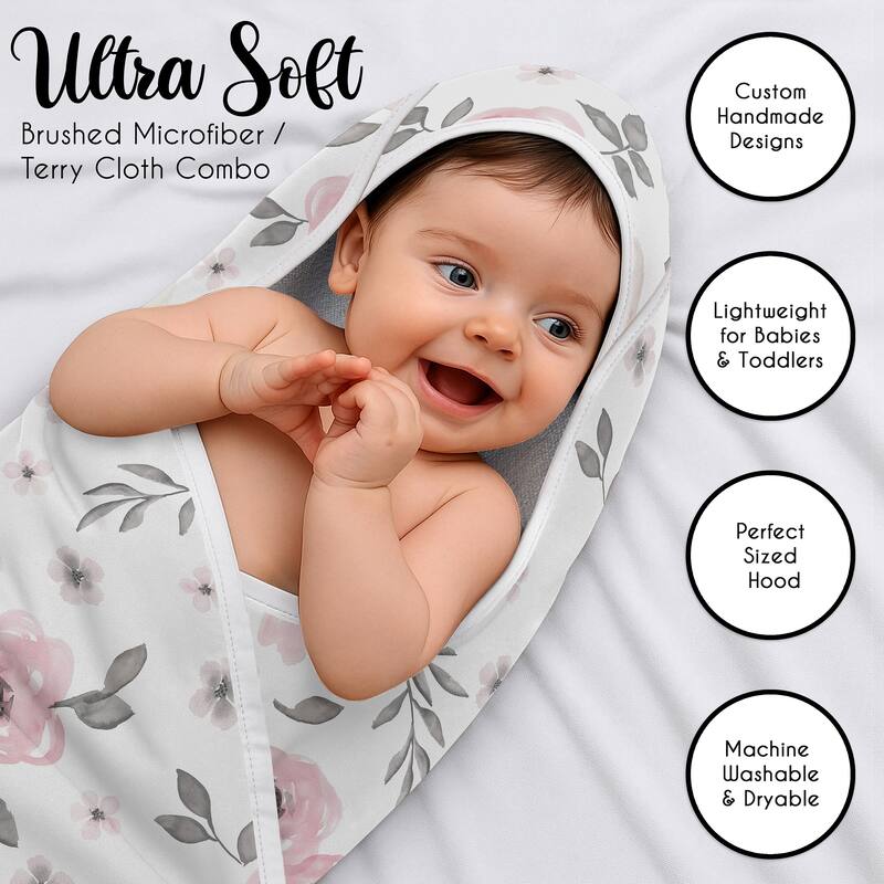 Sweet Jojo Designs Pink Boho Floral Girl Hooded Baby Towels - Toddler Bath Towel -Bohemian Shabby Chic Watercolor Rose Farmhouse