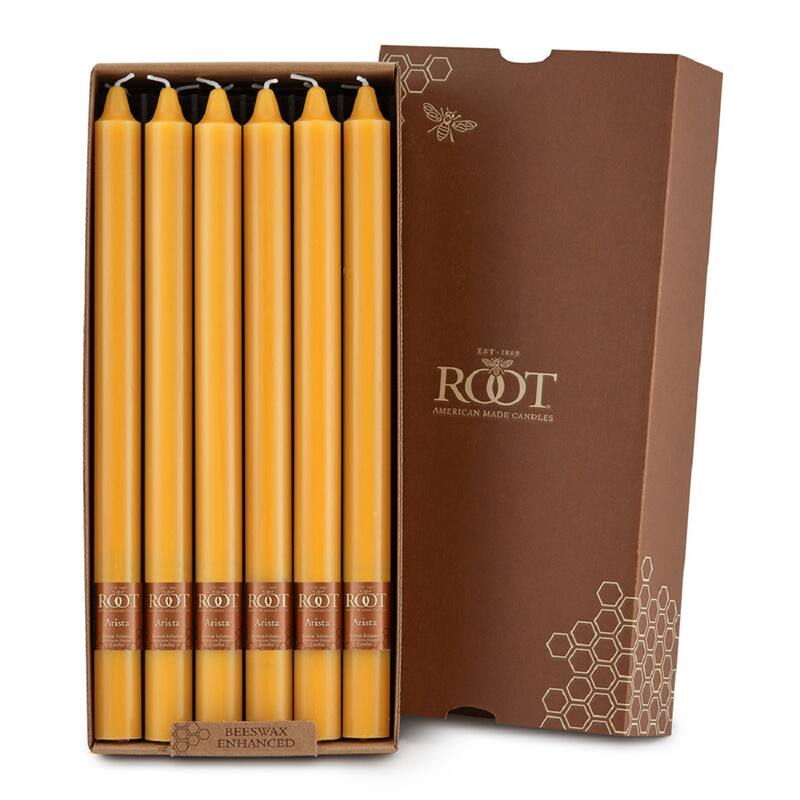 Root 12 inch Unscented Smooth Arista Taper Candles box of 12 - Butterscotch
