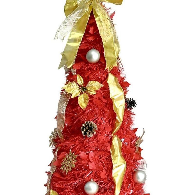 HomeRoots 6' Red Tinsel Pre Lit Pop Up Christmas Tree With Decorations - 30.00 in. x 72.00 in. x 30.00 in.