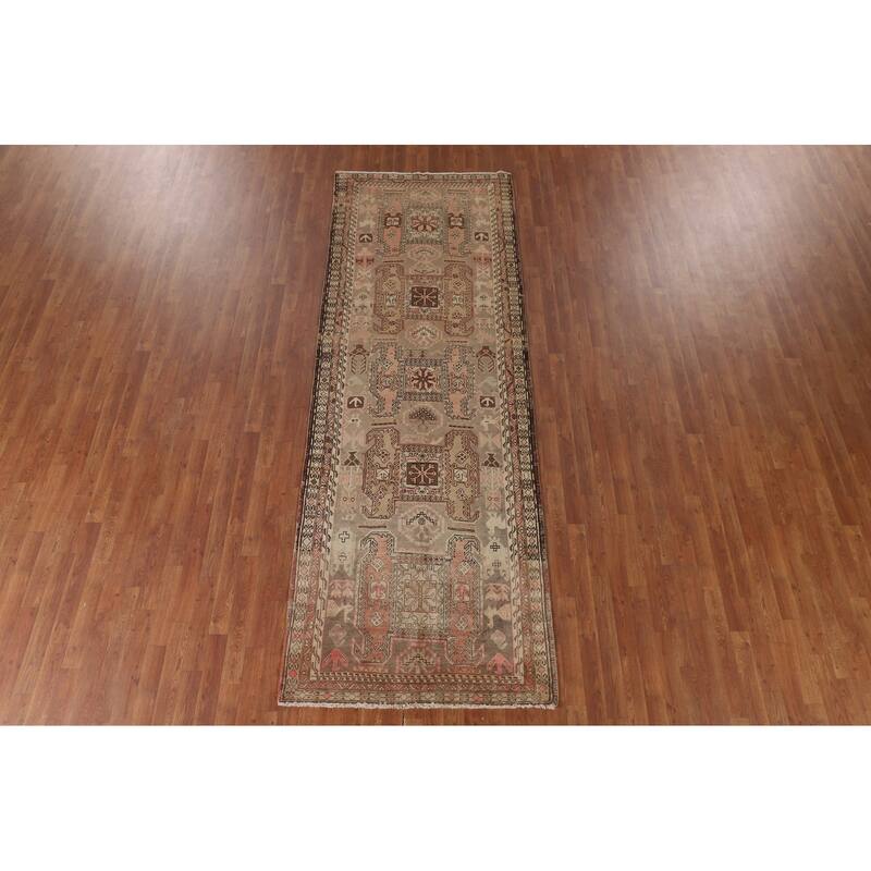Animals Tribal Meshkin Persian Vintage Runner Rug Handmade Wool Carpet - 3'9"x 10'9"