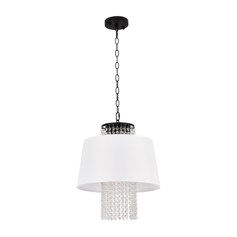 Contemporary 3 - Light Chandelier, White Fabric Shade and Crystal Drops, Black Chain - Matte Black - Matte Black