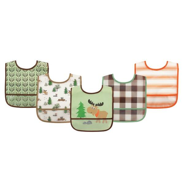 slide 1 of 1, Luvable Friends Baby Boy Waterproof PEVA Bibs 5pk, Moose, One Size - Moose - One Size One Size - Moose
