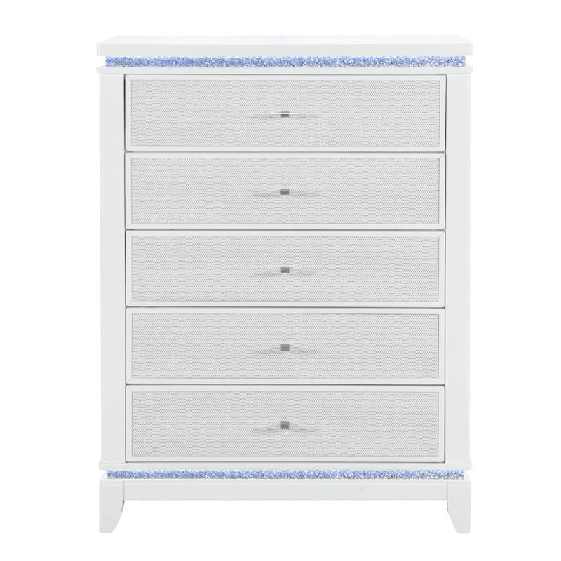 HomeRoots 36" White Faux Crystal Glitter Wood Lighted Five Drawer Dresser