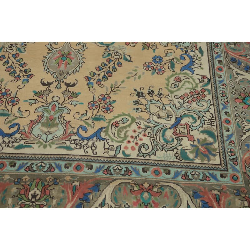 Hand Knotted Oriental 100% Wool Carpet Traditional Floral Beige & Ivories Tabriz Area Rug - 9' 5'' X 6' 5''