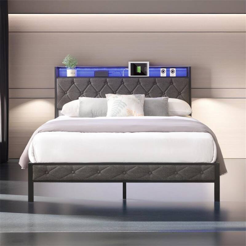 Upholstered Platform Bed with Heavy Metal Slats