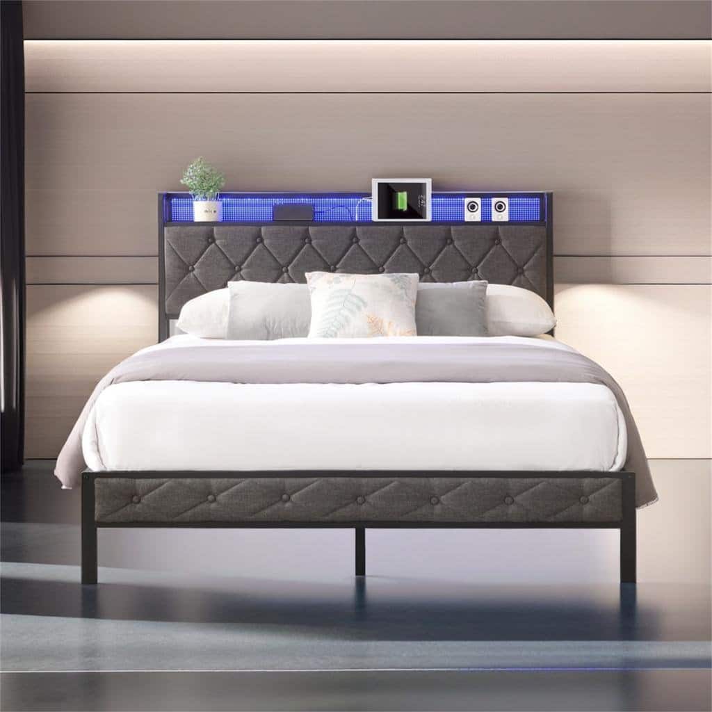Upholstered Platform Bed with Heavy Metal Slats