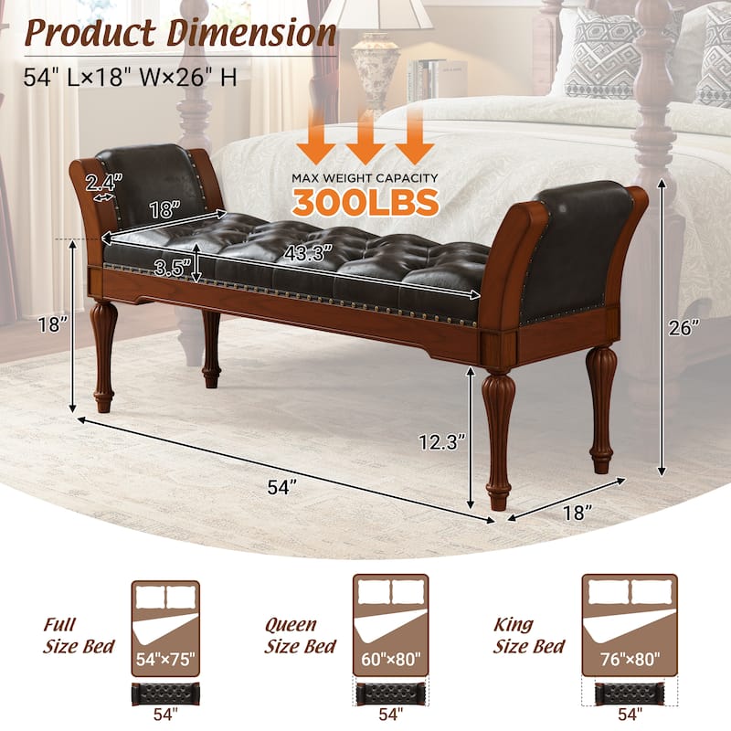 Christopher Knight Home - Mid-Century Classic Sleek Button-Tufted PU Leather Upholstered End-of-Bed Bench with Rolled Arms