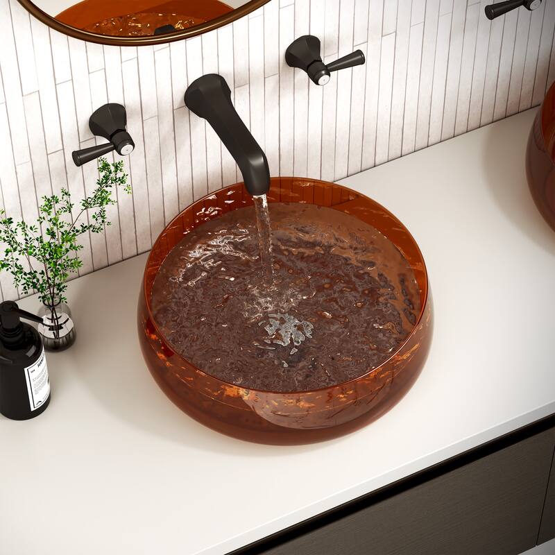 Transparent Resin Vessel Bathroom Sink Included Pop-up Drain and Drain Hose, Modern Above Counter Wash Basin with Center Drain - Deep Brown (Resin) - 17.72 x 17.72 x 5.51