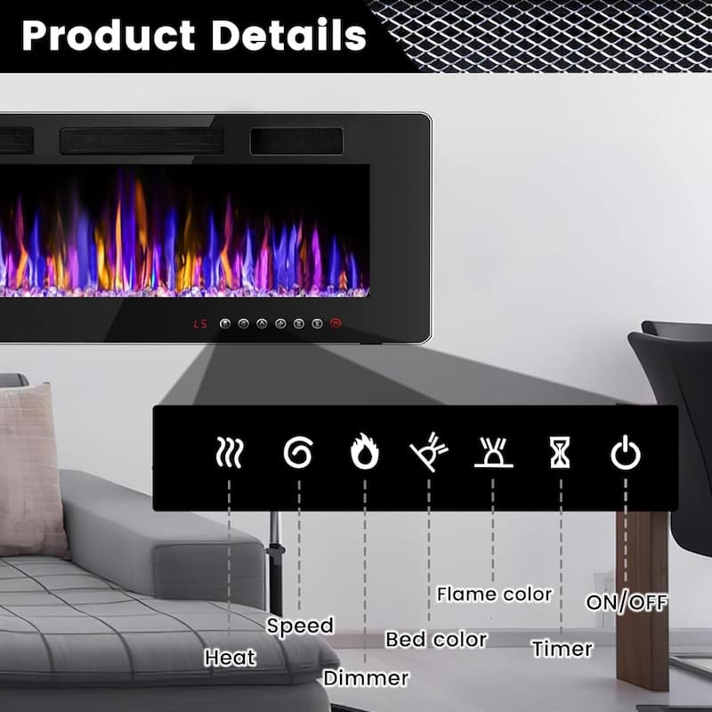 BOSSIN Electric Fireplace Wall Mounted and Recessed with Remote Control, 750/1500W Ultra-Thin Wall Fireplace Heater, Low Noise