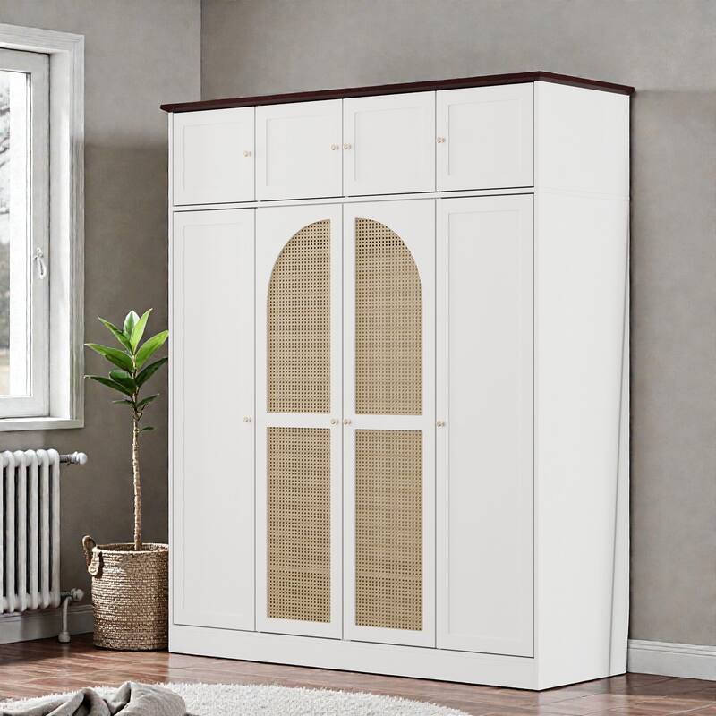 Tall 8 Door Armoire Wardrobe Closet with Hanging Rod and Adjustable Shelves, Rattan Door Storage Cabinet