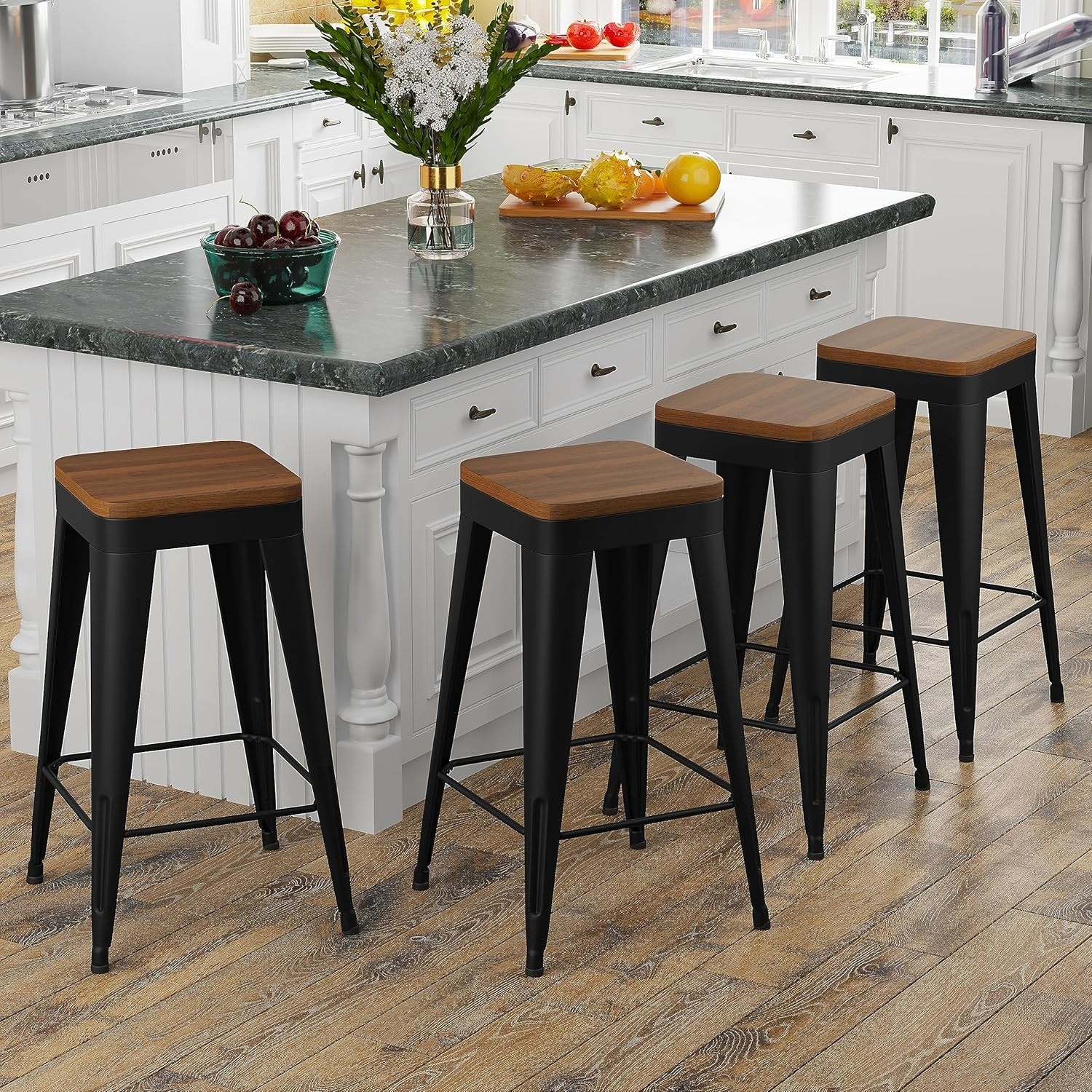 Counter & Bar Stools with Metal Frame Kitchen Stools Backless Kitchen Bar Furniture Stools with Square Wooden Seat