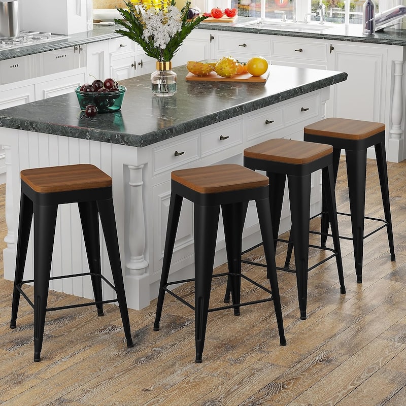 Counter & Bar Stools with Metal Frame Kitchen Stools Backless Kitchen Bar Furniture Stools with Square Wooden Seat - Black - Set of 4 - Counter Height