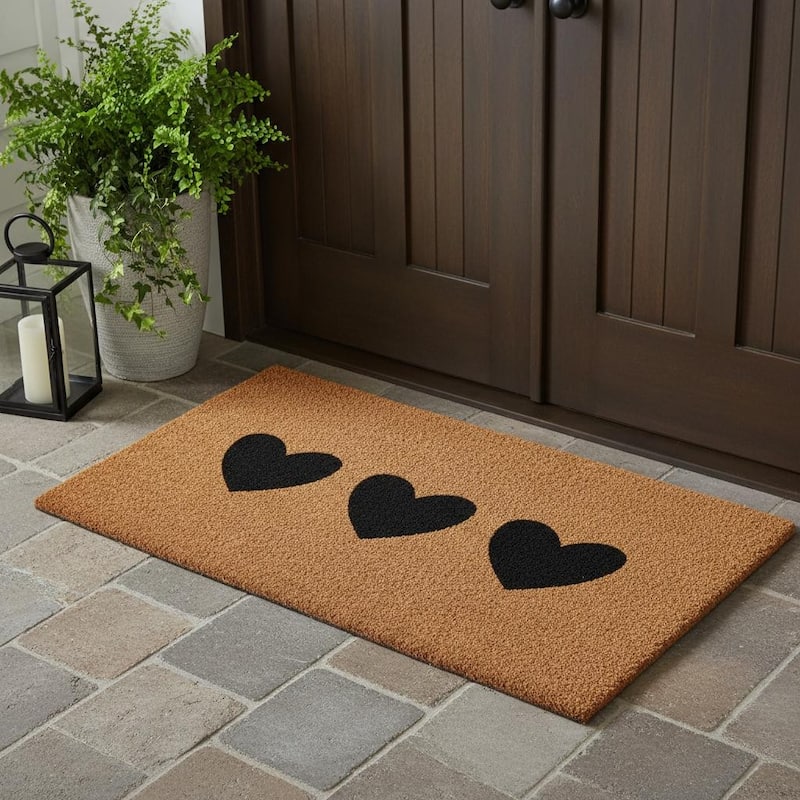 HomeRoots 24" X 48" Brown And Black Three Hearts Outdoor Coir Door Mat - 24.00' X '48.00 - 24.00' X '48.00