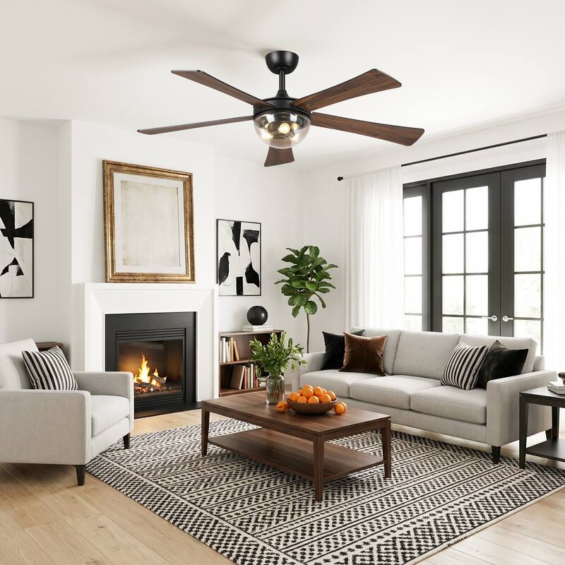 52" Modern Matte Black 5 Reversible Blades Ceiling Fan with Light and Remote