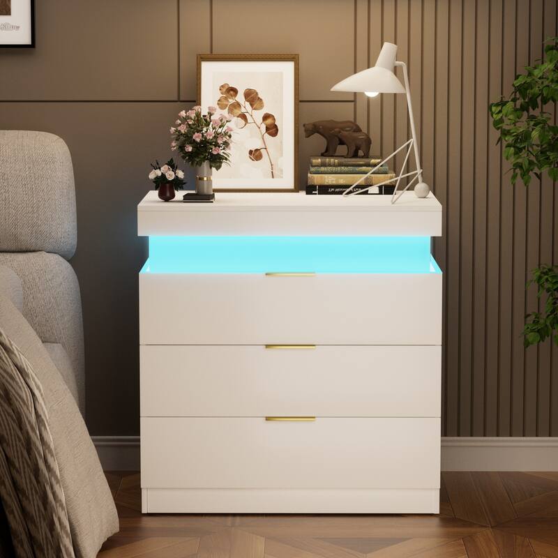 LED Lights Nightstand with Charging Station, Smart Wooden Nightstand, Storage Cabinet with Sliding Top & 3 Drawers - White
