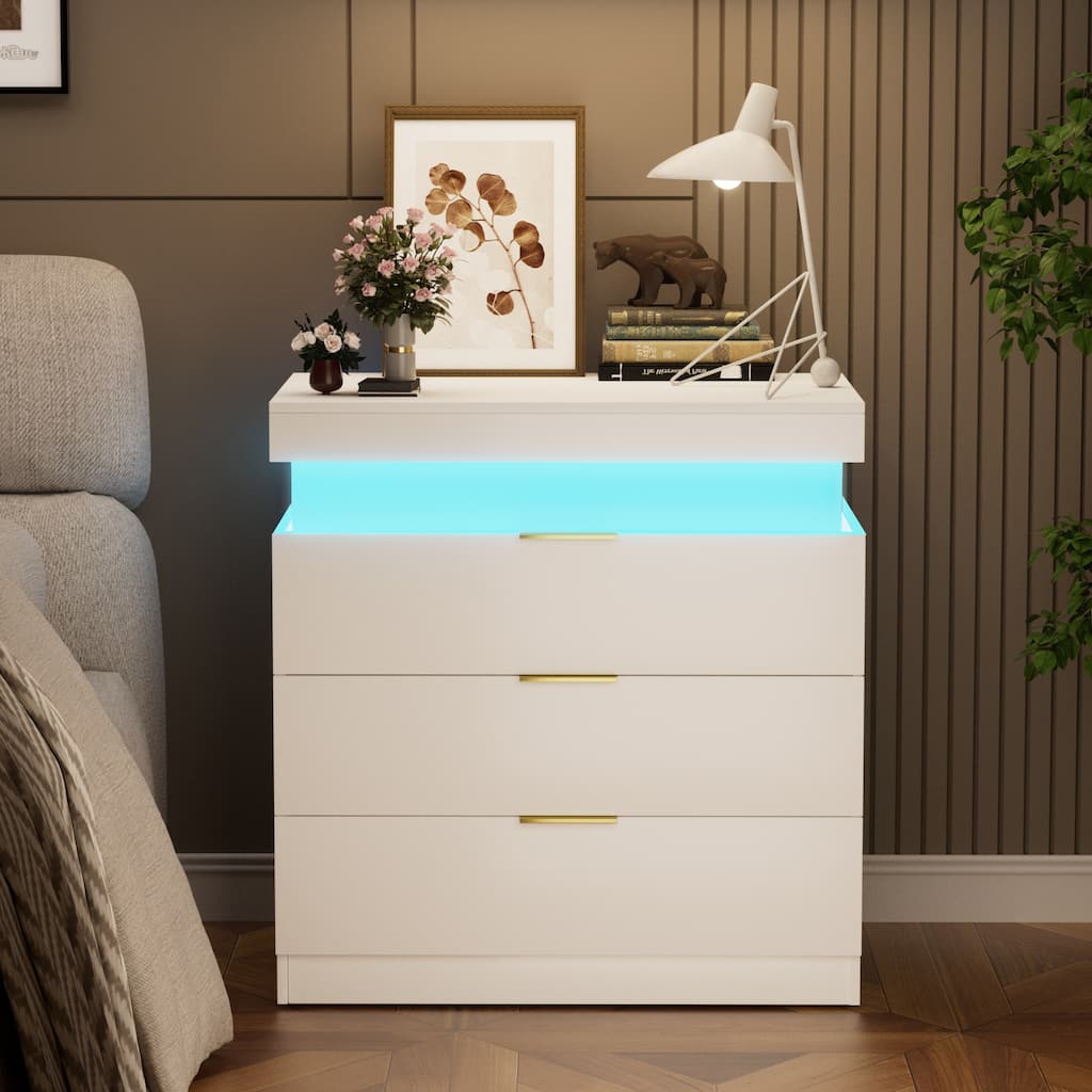 White Accent Table Nightstand with Charging Station and LED Lights, End Table Side Table with Drawers